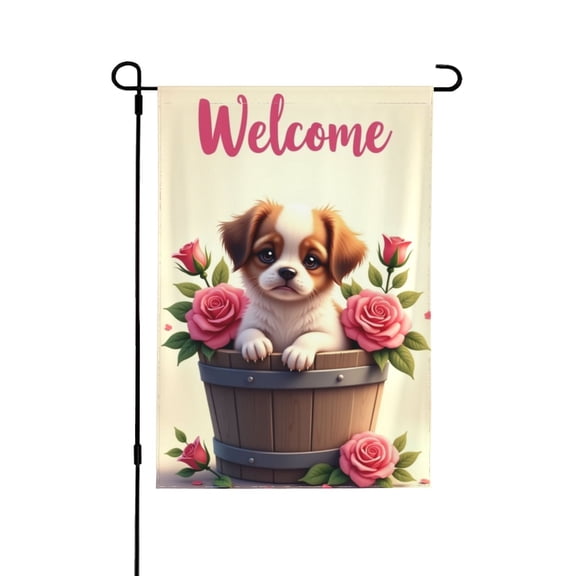 Welcome Spring Garden Flag Cute Puppy In Roses Double Sided 12x18 Inch Outdoor Yard Decor Seasonal Farmhouse Banner