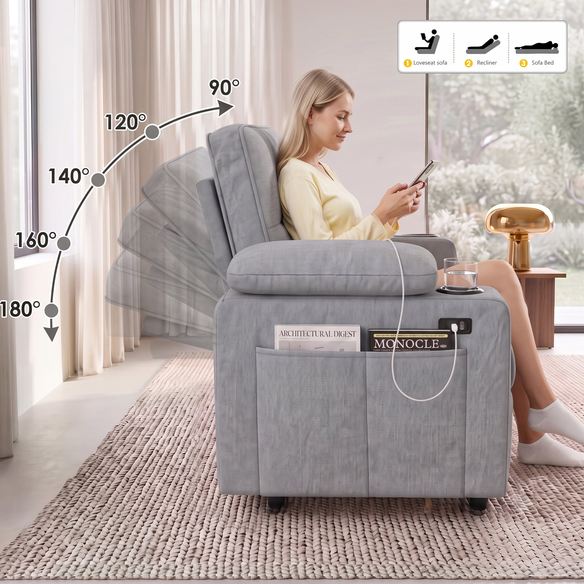 Xiweot Convertible Sleeper Sofa Bed, 58" Full Size Pull Out Couch with Cup Holders, Adjustable Backrest, USB Ports & Side Pockets, Towel Fabric Sleeper Loveseat for Living Room Apartment (Light Gray)