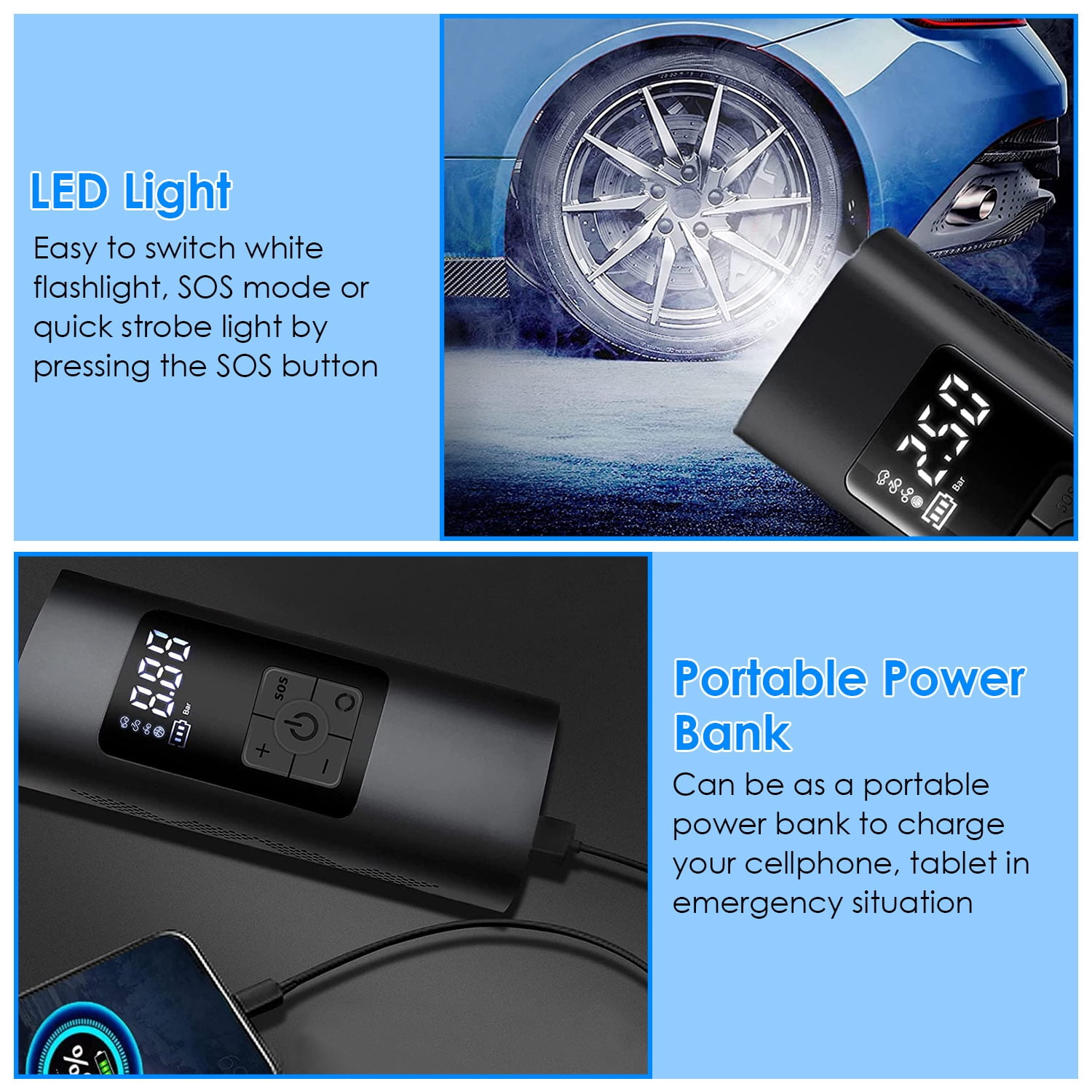 150PSI Cordless Tire Inflator  Air Pump for Car Tires w/ 6000mAh Rechargable Battery
