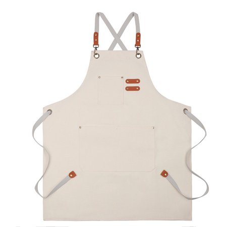 Work Apron Heavy Adjustable Chef Apron for Men & Women for Server Barber Chef and Kitchen Apron Artist Painter Canvas Cross Back with Large Pockets- beige
