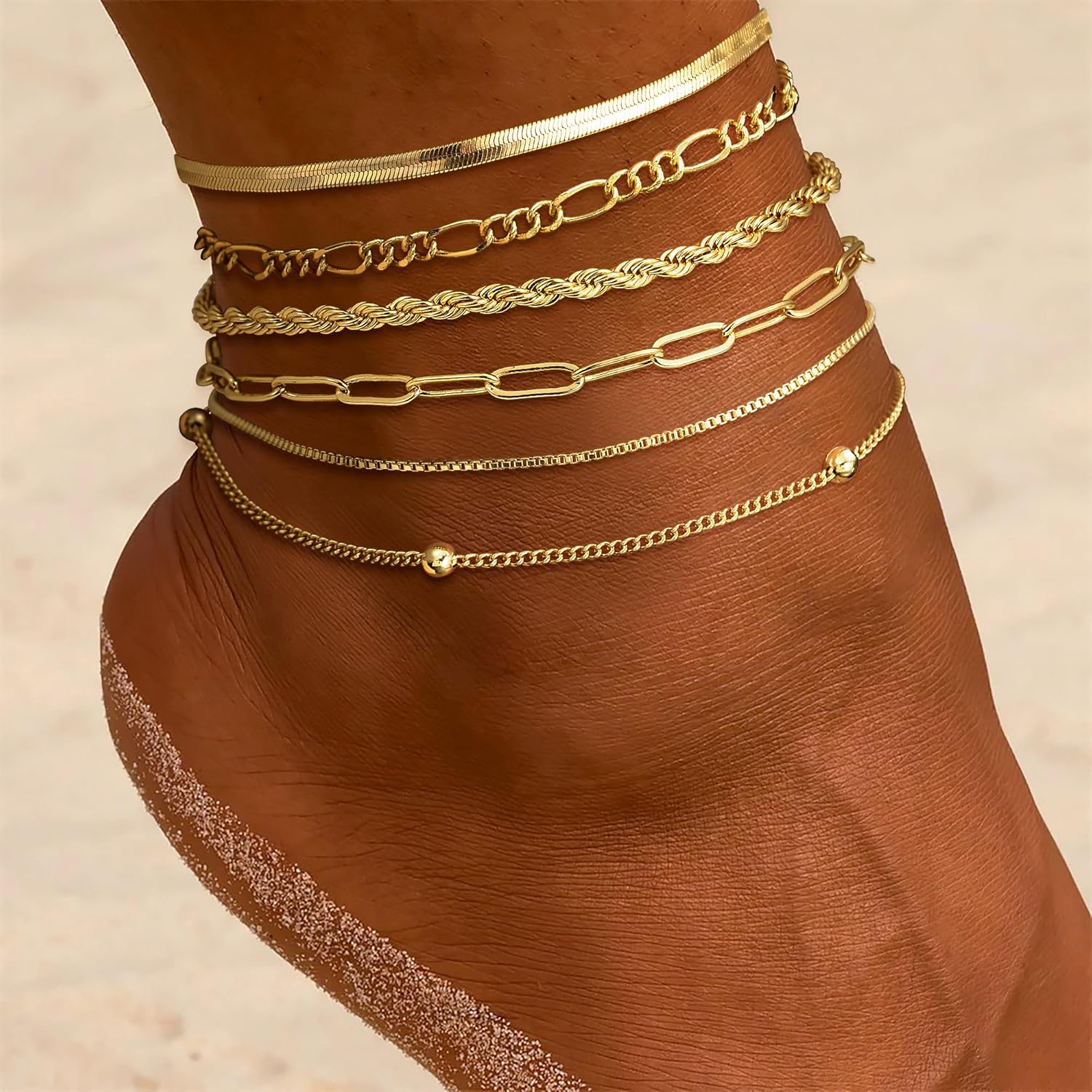 Gold Ankle Bracelets for Women Waterproof - Dainty 6Pcs 14K Gold Plated Anklets Layered Cuban Link Chain Herringbone Cute Anklets Set Pack Summer Beach Jewelry Gift for Women Teen
