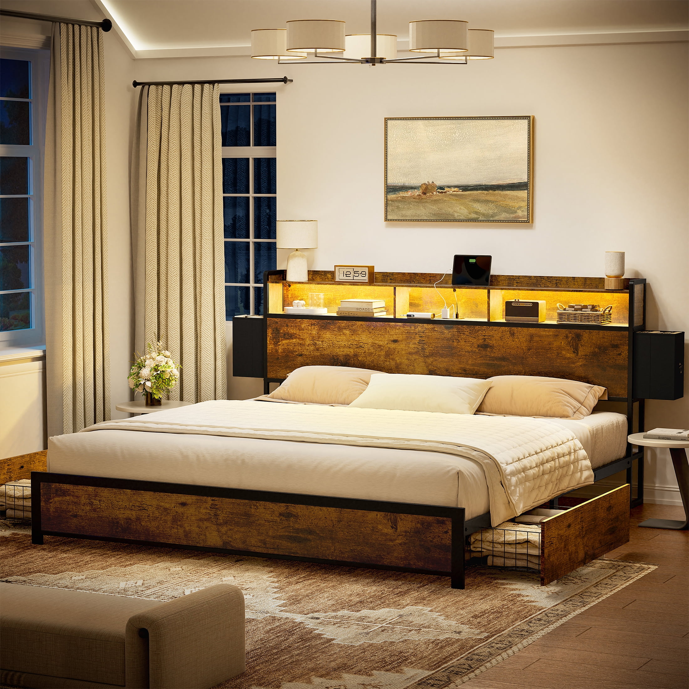 GUNAITO King Bed Frame with 2 Drawers Headboard Platform Bed Frame with LED Lights Charging Station Rustic Brown