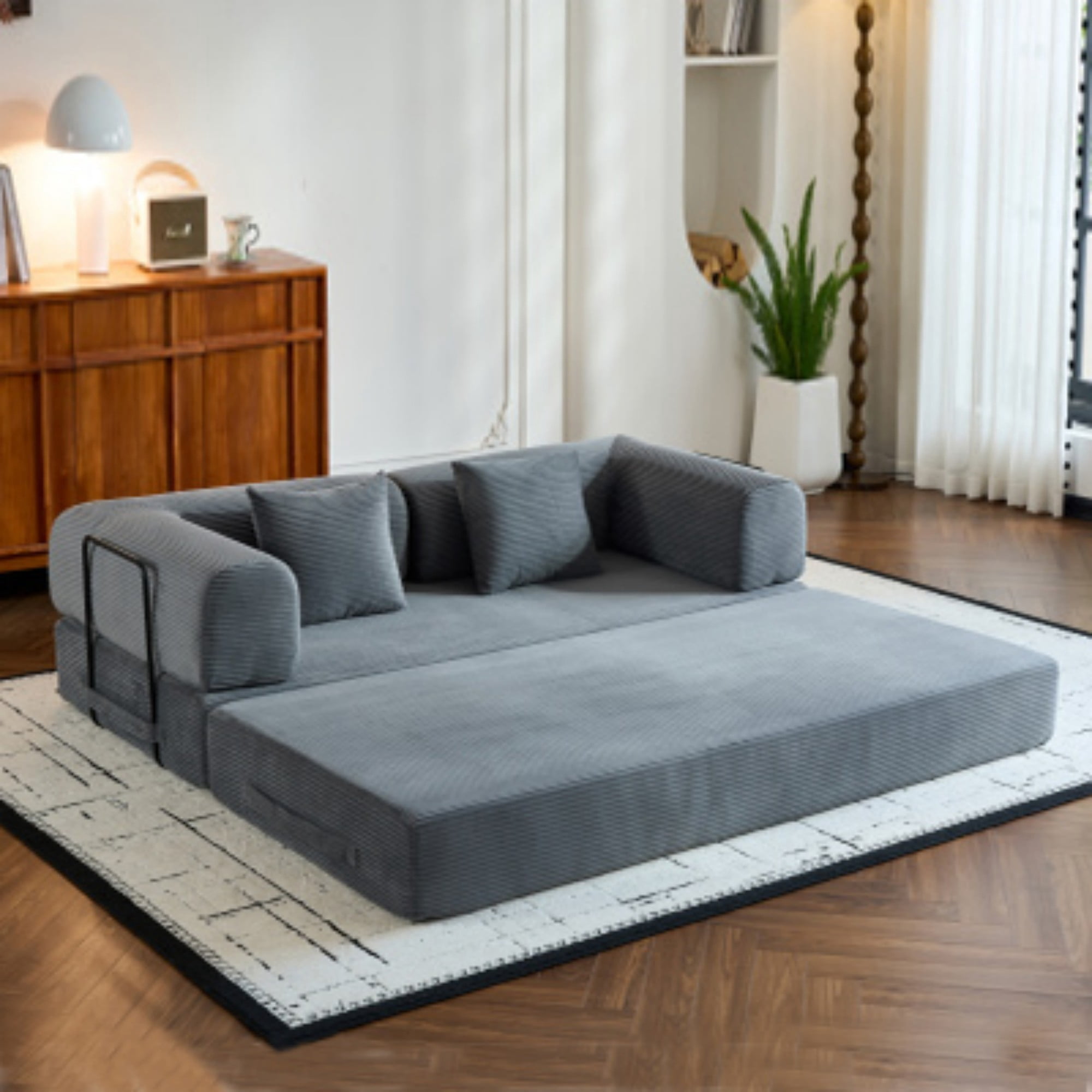BSHTI 77" Corduroy Convertible Sleeper Sofa Bed with Cylindrical Pillow, No Assembly, Small Space for Living Room（Gray）