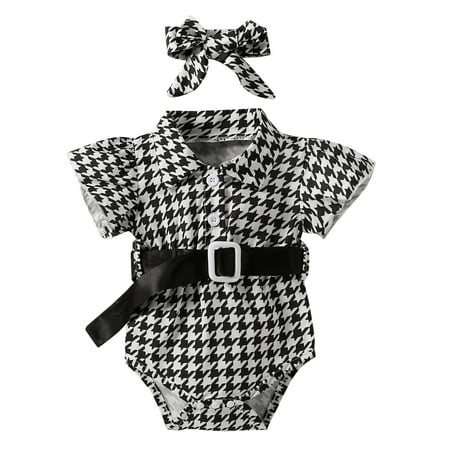 

ZMHEGW Toddler Kids Girls Plaid Flare Short Sleeves Romper Jumpsuit Belt Hairband Set Cloths