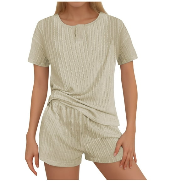 Mqqzkk Womens Crew Neck 2 Piece Sets Summer Beach Sets Short Sleeve Oversized T Shirts Drawstring Shorts Matching Set