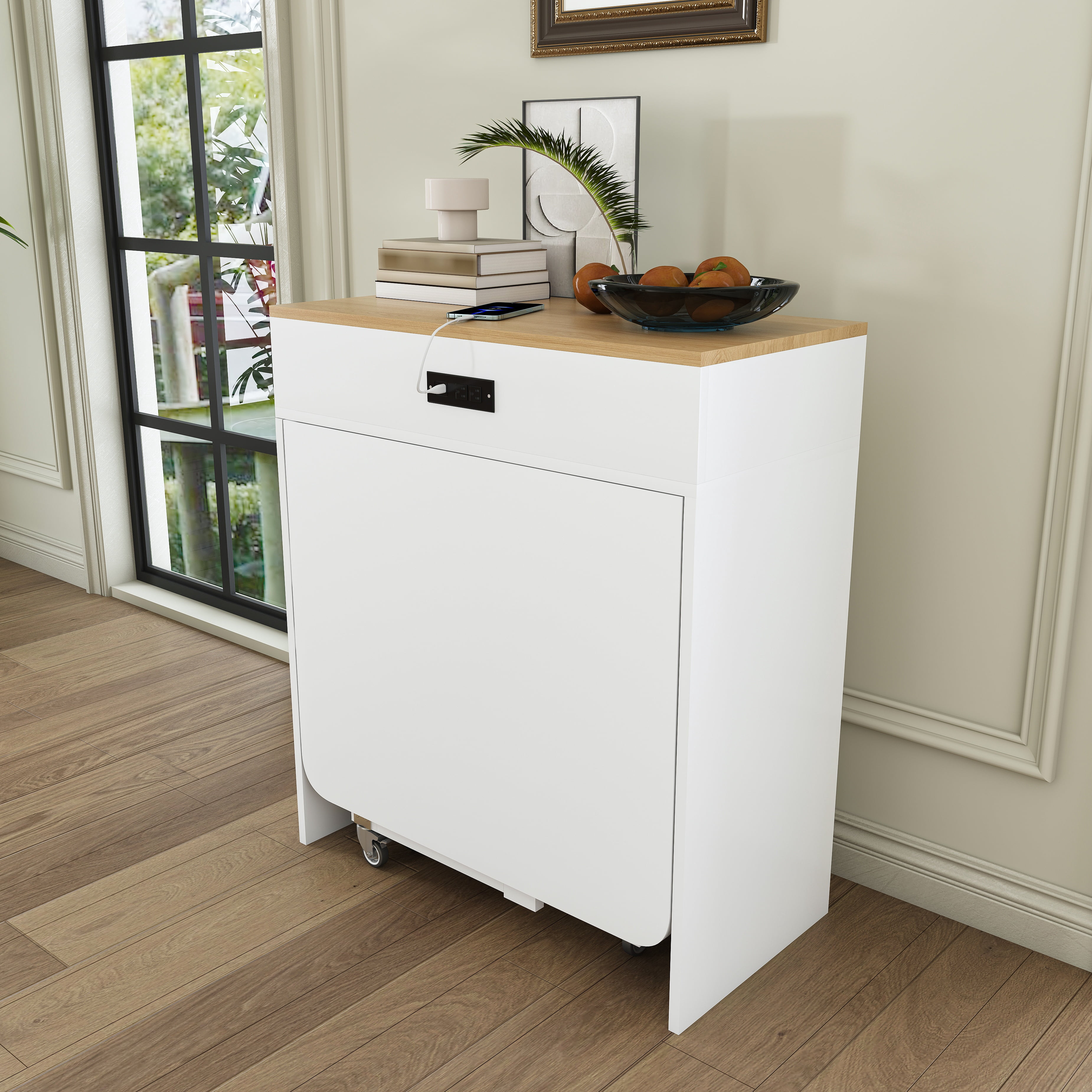 Mintazer Expandable Rolling Kitchen Island Dining Table with Power Outlet, Multi‑Mode Telescopic Folding Table with Lockable Casters & Storage Compartments for Small Apartment, White