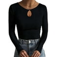 thumbnail image 3 of Ladybranch Womens Long Crew neck Ribbed Shirts Fitted Top Cutout Neck Drop Shape Slim Trendy Tight Tops Black, 3 of 5