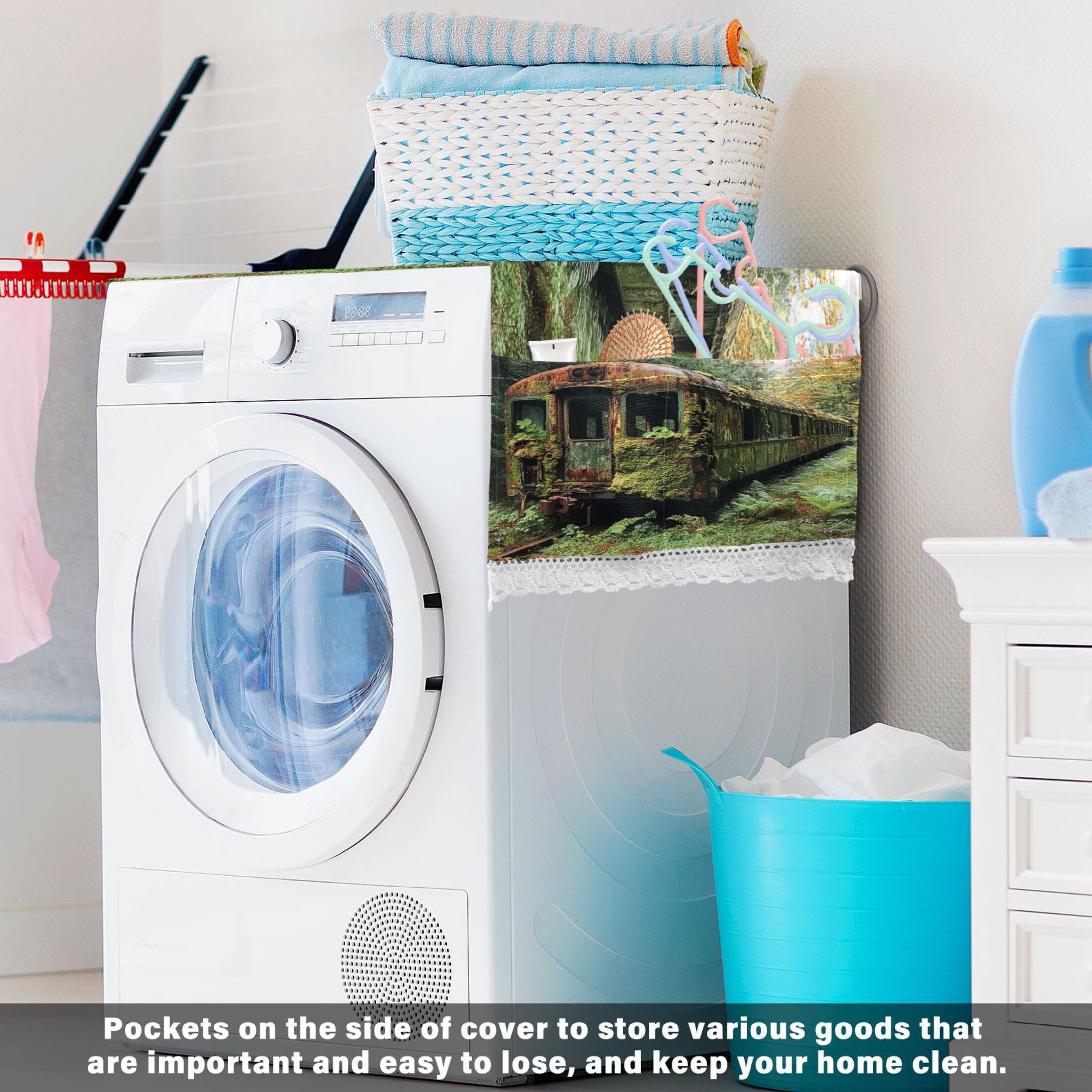 Abandoned Train CarWasher and Dryer Covers Dust-Proof and Oil Resistant Fridge Cover with 4 Storage Pockets Washing Machine Top Cover for Laundry Kitchen Home 51.2 x 22 In