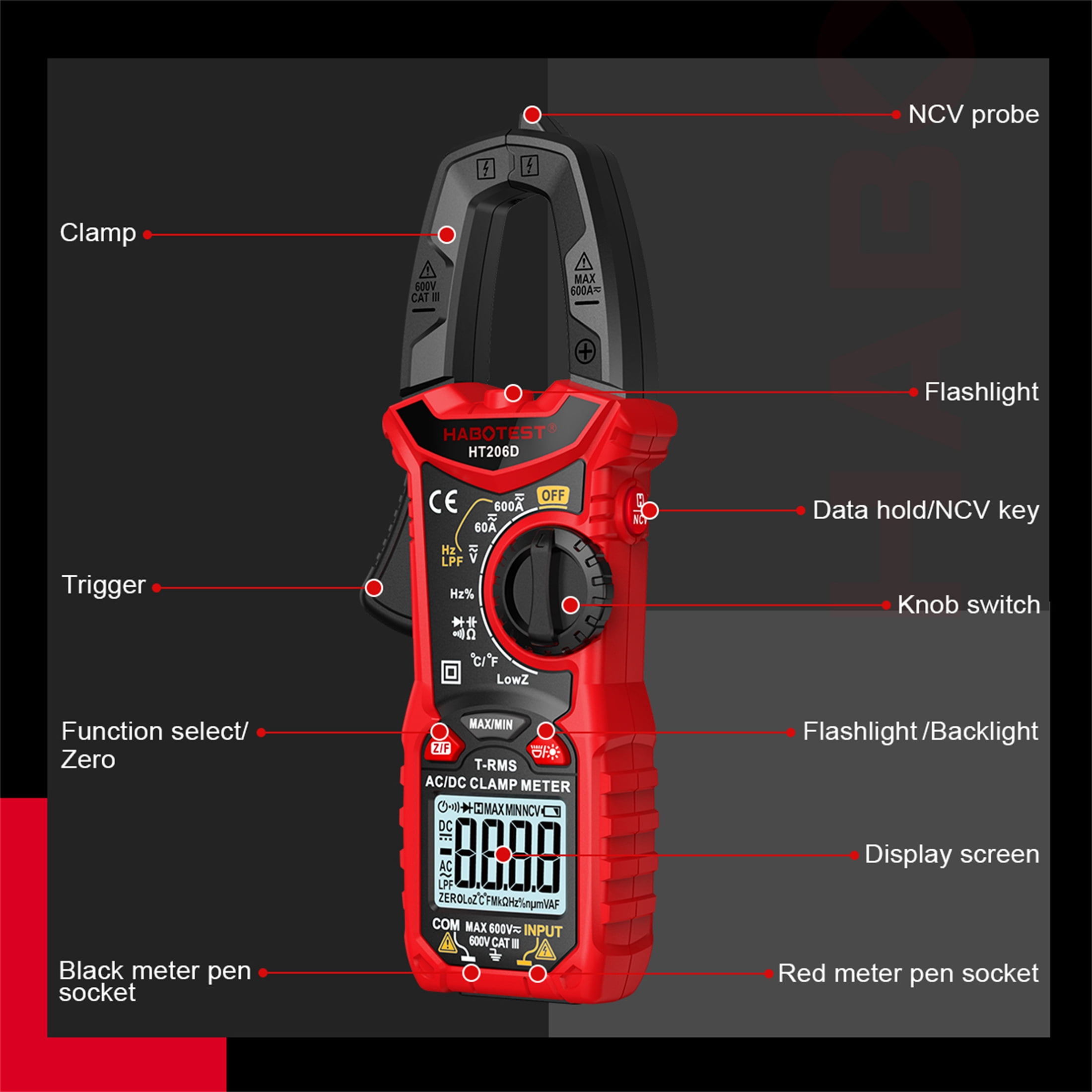 HABOTEST HT206A Clamp Meter Multimeter Automatic High Precision Digital Ammeter Clamp Meter for Measuring Voltage, Current, NCV Clamp Multimeter
