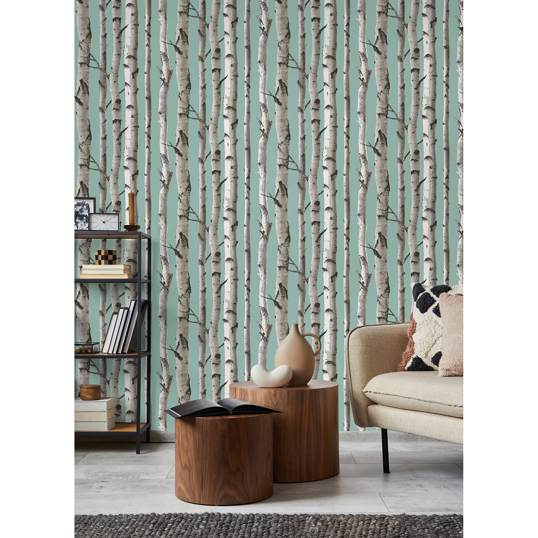 Fine Decor Chester Aqua Birch Trees Wallpaper, 20.5-in by 33-ft