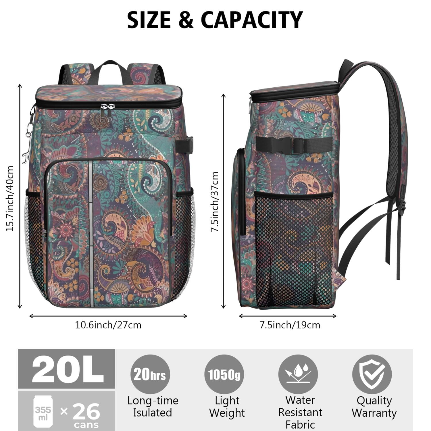 Travel Cooler Bag - Paisley Pattern Camping Beer Cooler Backpack with Bottle Opener- Waterproof Insulated Picnic Backpacks - Cooler Bag for Beach