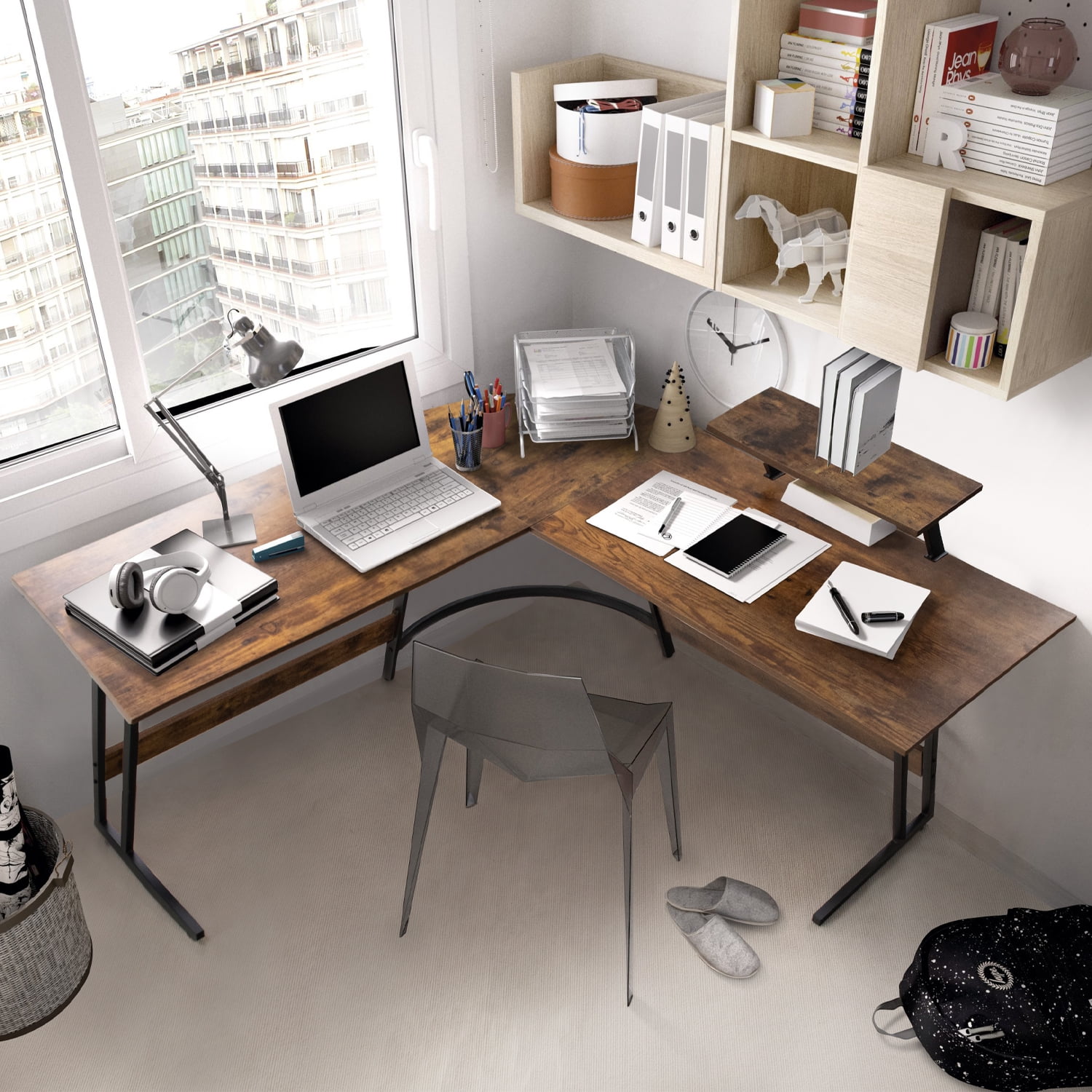 Lacoo Home Office Writing Desk Modern L-Shape Computer Desk, Brown