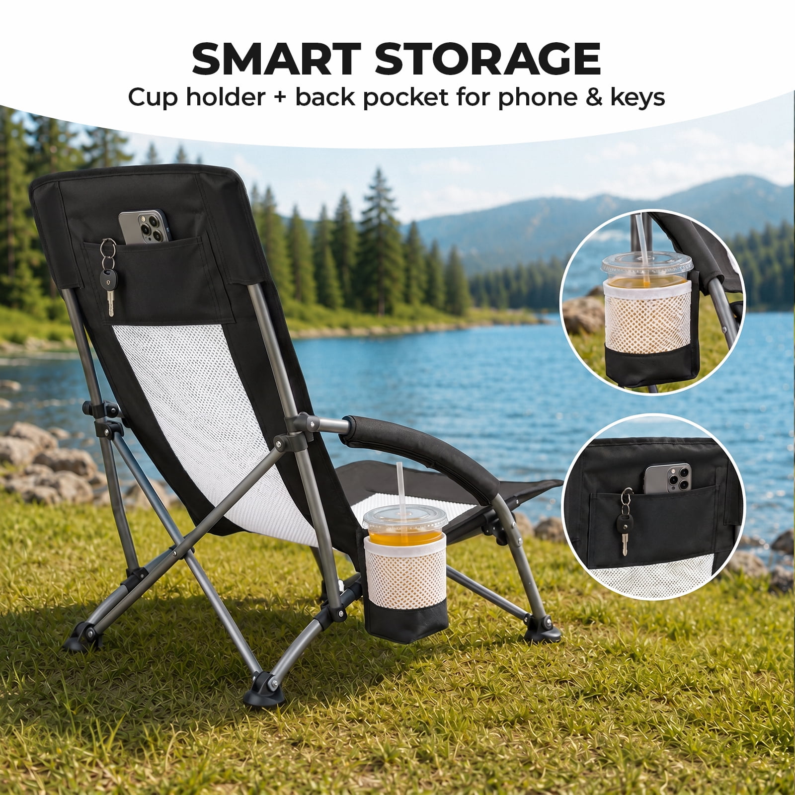 Alvantor Camping Chair - Folding Outdoor Chair with Mesh Back, Cup Holder, Heavy Duty 250 LBS, Portable with Carry Bag for Beach Picnic