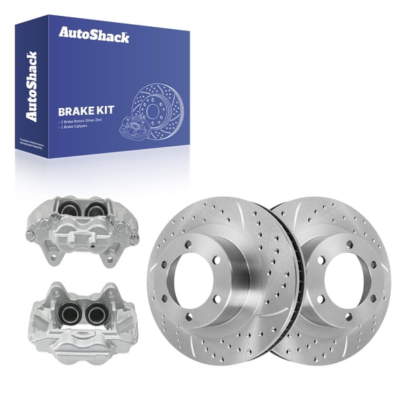 AutoShack Front Vented Drilled & Slotted Silver Zinc Coated Brake Rotors   Calipers 4-PC Brake Kit Replacement for 2003-2005 Toyota 4Runner SilverShield Pro 13.29" (337.5 mm)