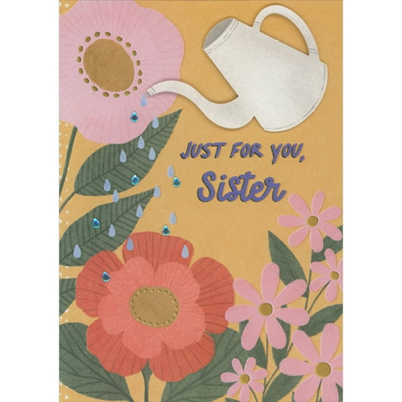 Designer Greetings White 3D Watering Can, Blue Gem Water Droplets and Pink and Red Flowers Hand Decorated Mother's Day Card for Sister