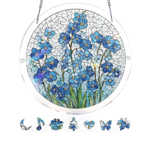 Diceymbol Acrylic Puzzles Suncatcher Window Hanging 7.4 Inch Tiffany Style Stained Glass Sun Catcher Dream Catchers for Adults Mother's Day Gift Home Decor (Purple Delphinium)