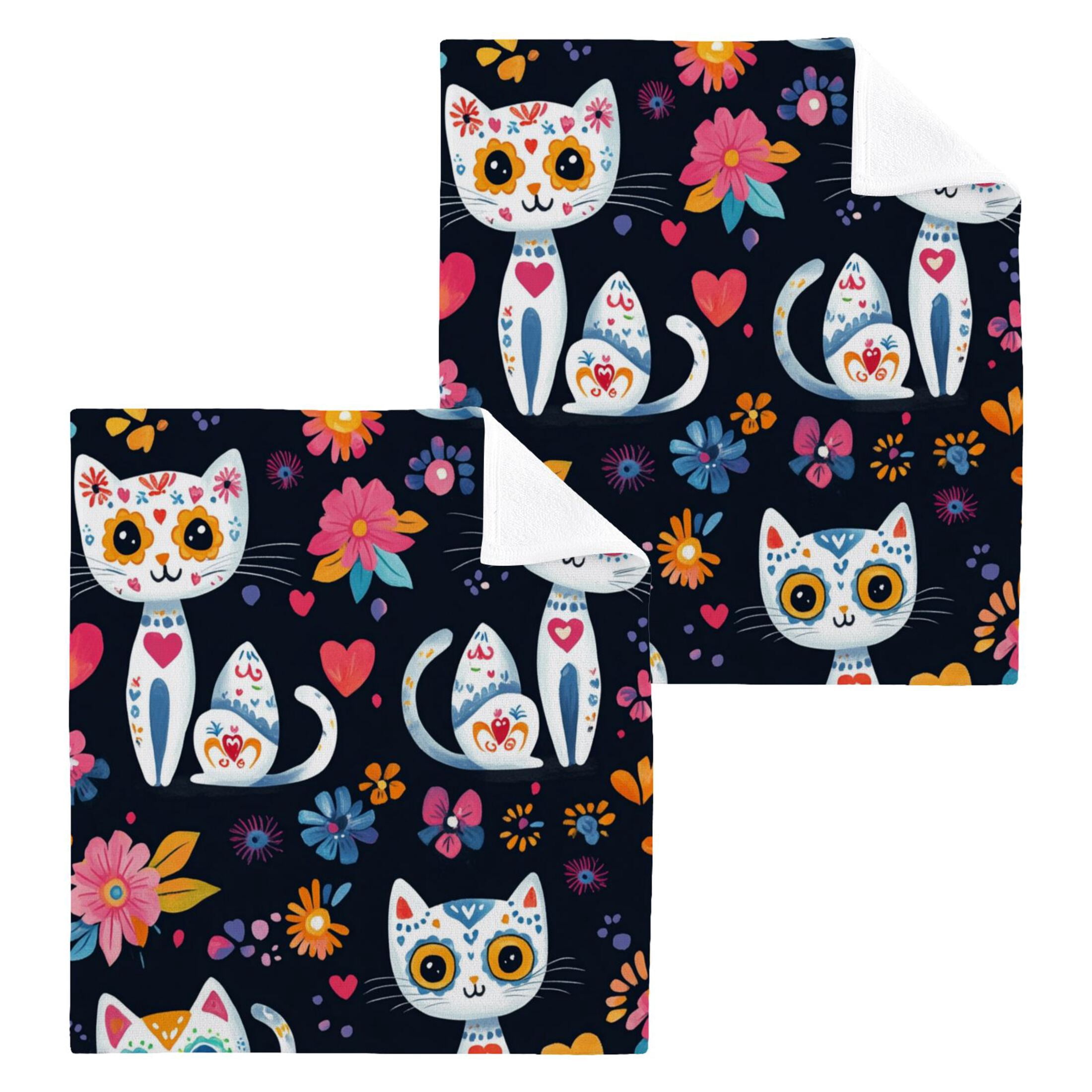 Playful Colorful Cat Pattern 100% Cotton Face Towel 12x12in Soft Absorbent Washcloth Durable Printed Hand Towels for Bathroom Travel 6 Pcs
