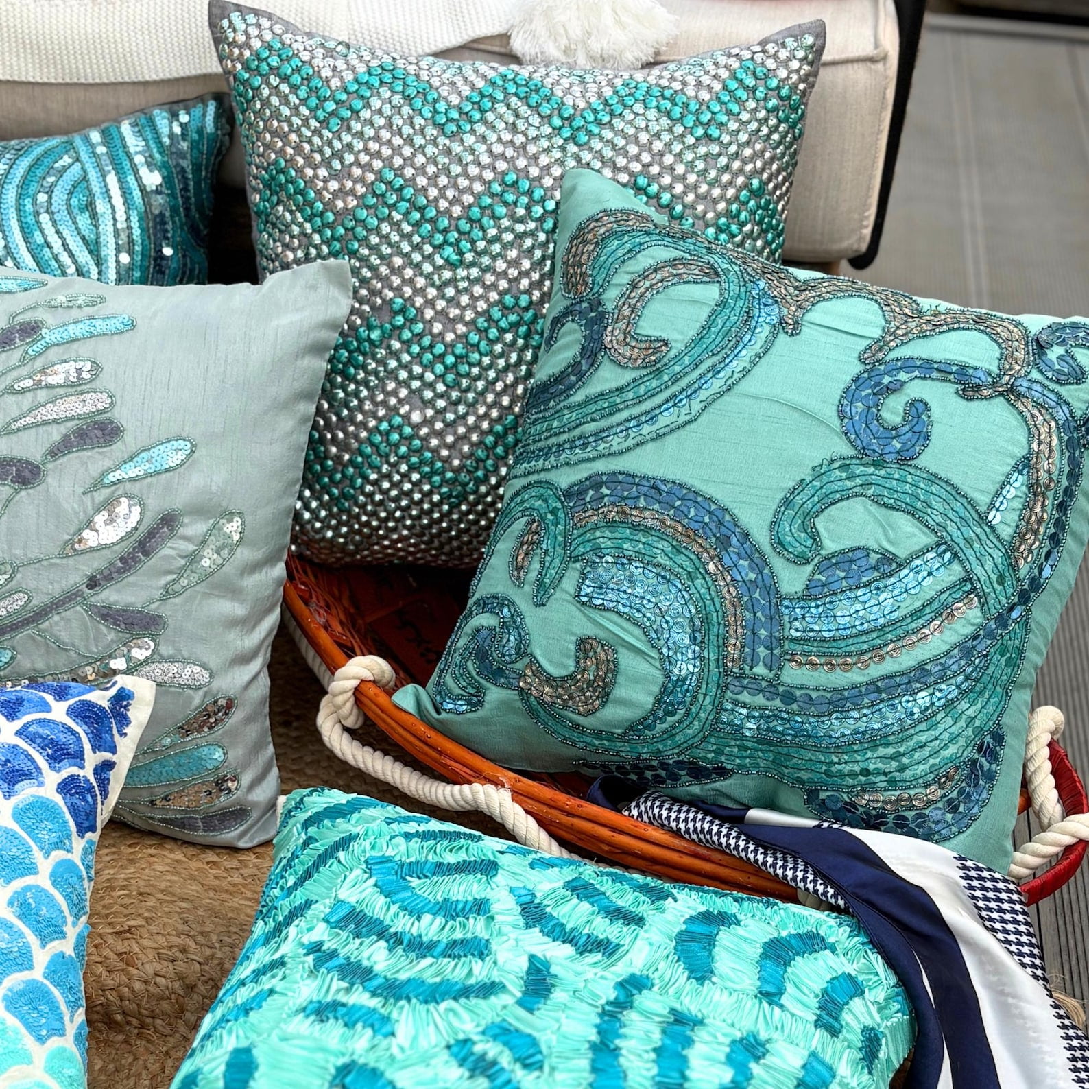 Custom Cushion Cover, Aqua Blue Decorative Pillow Cover&nbsp;For Sofa 16x16 inch (40x40 cm), Silk Pillowcase&nbsp;With Zipper, Abstract, Waves, Sequins Embellished, Mediterranean Throw - Tides