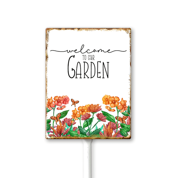 Eveokoki Garden Signs Welcome To Our Garden Sign with Stake Outdoor Aluminum Yard Sign Rustproof Aluminum Metal Sign Fade Resistant Lawn Decoration for Outdoor 8x12inch