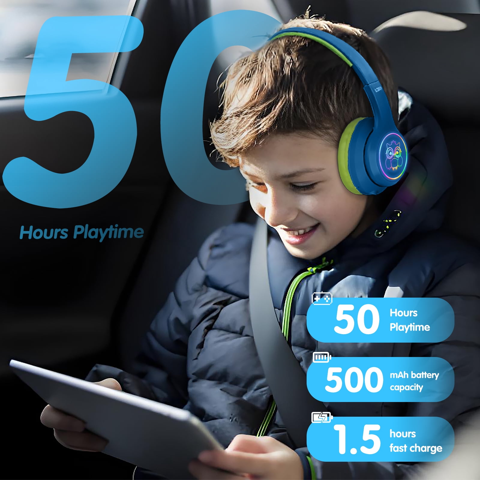 LOBKIN Headphones for Kids,Over Ear Wireless Headphones with Mic,ANC,50H Playtime,Kids Headphones for Travel/School/Tablet,Blue Green