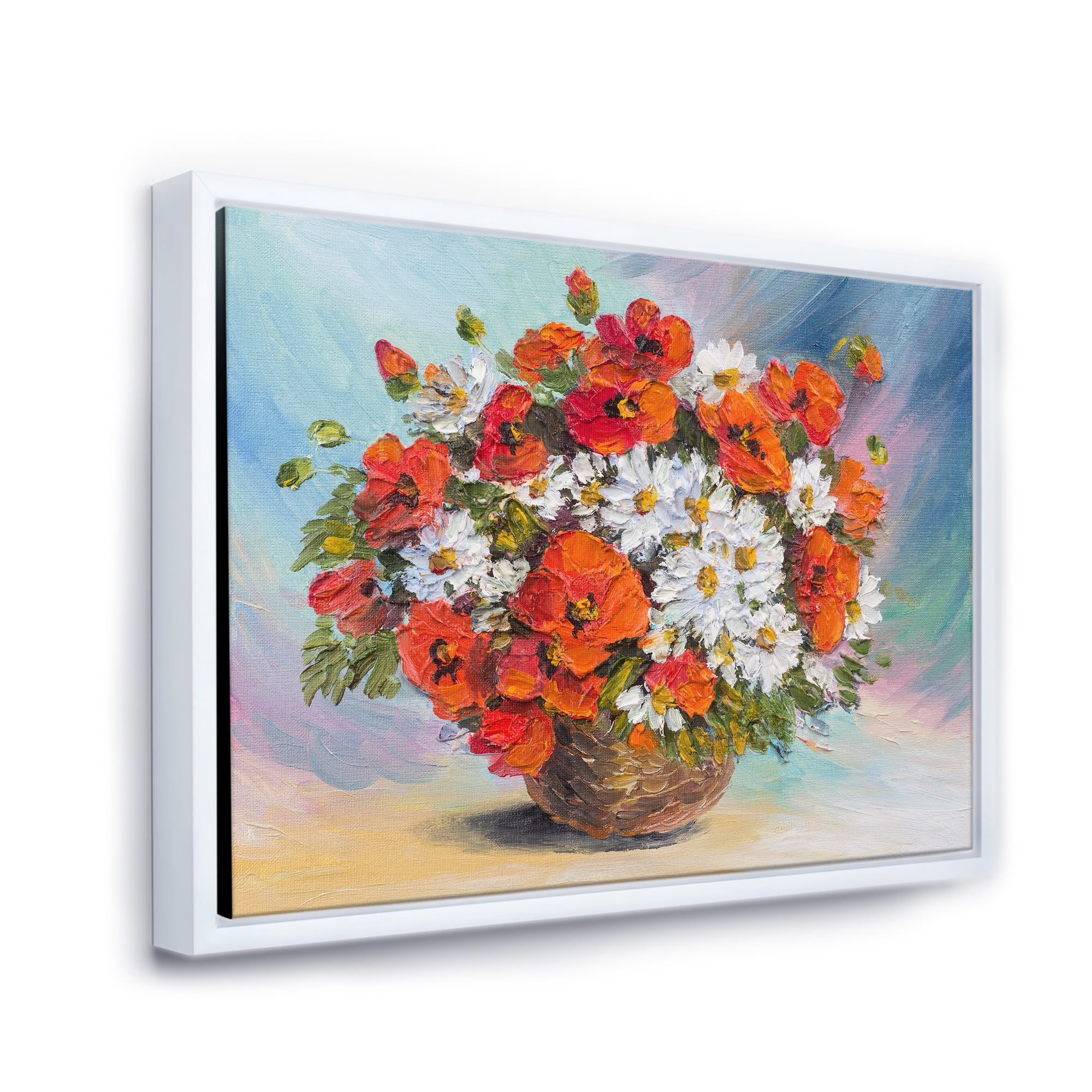 Still Life Bouquet Of Daisies and Poppies 32 in x 16 in Framed Painting Canvas Art Print, by Designart