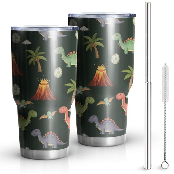 30oz Dark Green Toned Dinosaur and Volcano Pattern Tumblers Stainless Steel Tumbler with Lid and Straw,Vacuum Insulated Double Wall Travel Tumbler Cups Mug with Cleaning Brush for Coffee,Tea