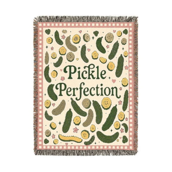 Pickle Perfection Green and Pink Woven Blanket, 100% Cotton, Playful Food Decor for Kitchen or Living Room