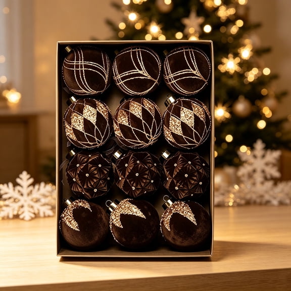 12pcs Velvet Shatterproof Christmas Ball Ornaments Set, 3.1in Chocolate Textured Christmas Tree Decoration, Flocked Vintage Decorative Hanging Ornaments for Xmas Holiday Winter