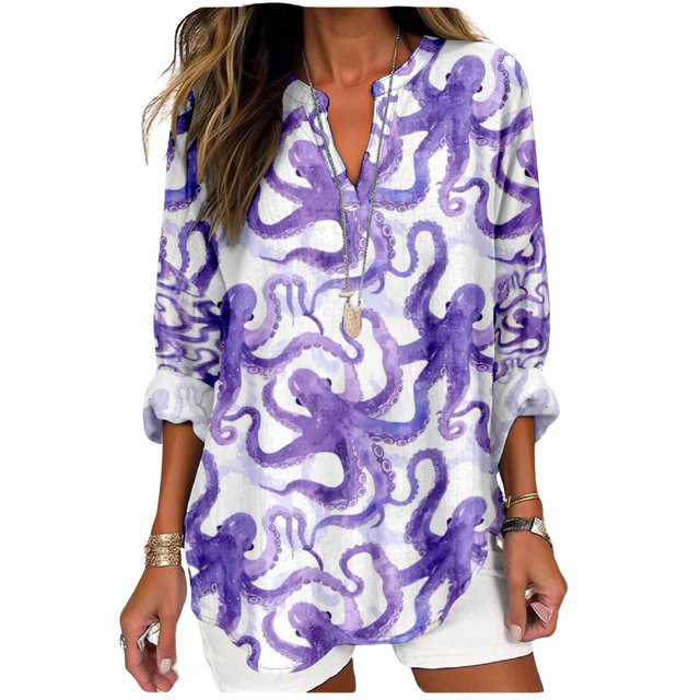 Top tipo túnica MARSVOVO con estampado de pulpo morado y cuello en V para mujer