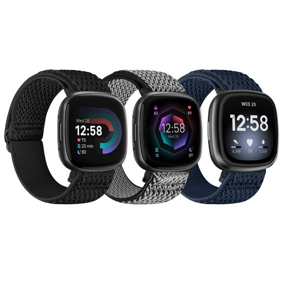KBYKO 3 Pack Elastic Nylon Watch Bands Compatible with Versa 4/Versa 3/Sense 2/Sense, Soft Loop Adjustable Sport Replacement Wristbands for Women Men
