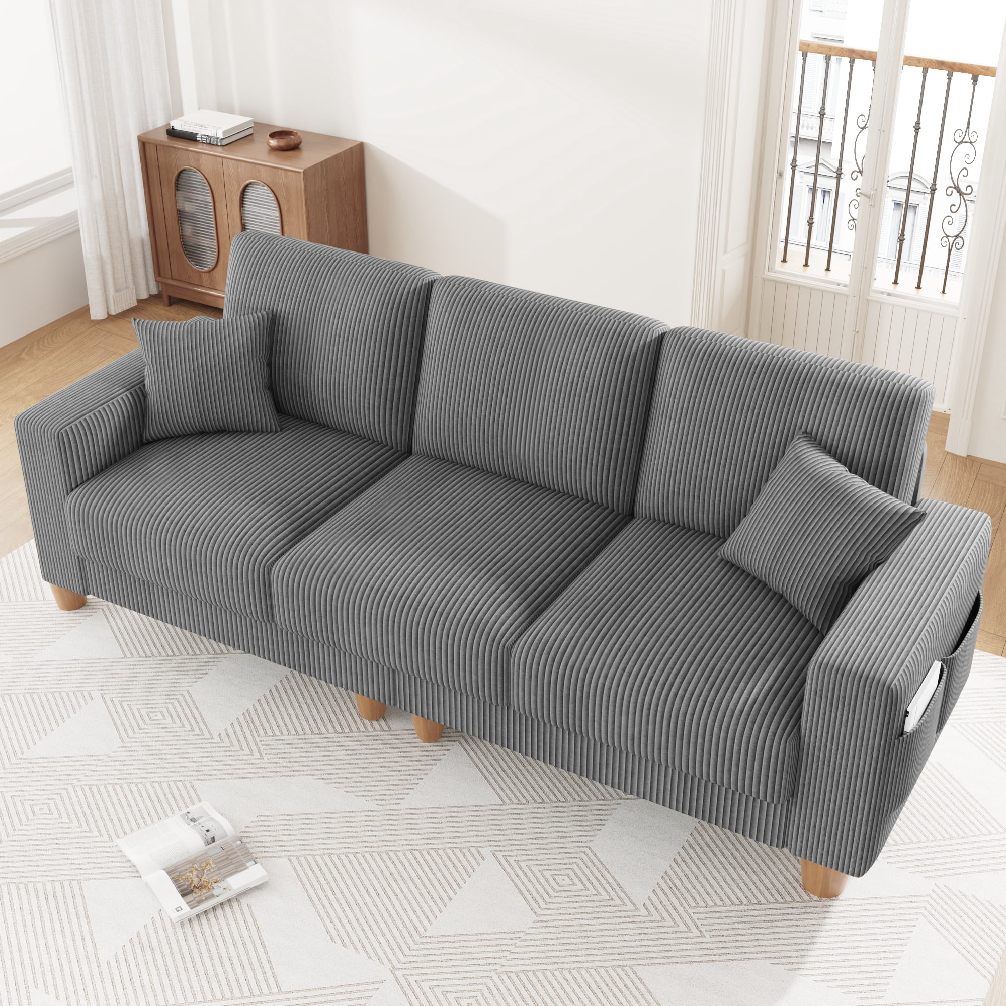 AAQZ 101" Corduroy Sofa Couch for Living Room, 3 Seater Deep Seat Comfy Couch in a Box, 2 Cushions, 2 Pillows Tool-Free Setup,Gray