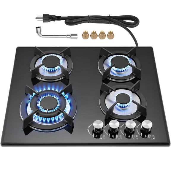 Nardea Gas Stovetop 4 Burner, Built-in/Countertop Propane Gas Cooktop, LPG/NG Dual Fuel Convertible Gas Stove Top with Thermocouple Protection, Black Tempered Glass, 27400BTU