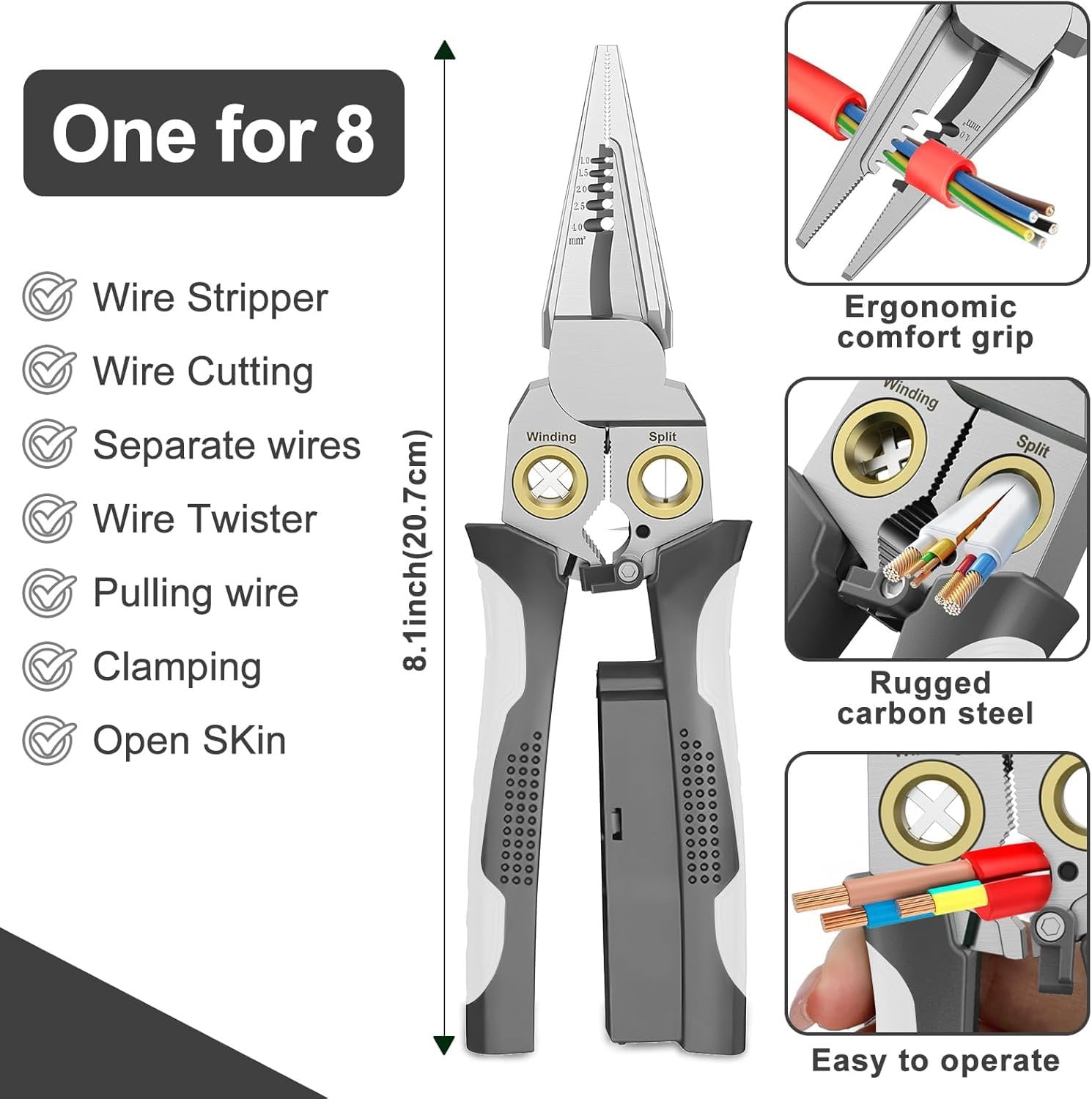 Pro 8-in-1 Wire Stripper/ with  Tester & Dual Alarms - Heavy Duty 12-250V  Electrical Tester for Hot/Neutral Wires - Electrician, HVAC,  Repair Tool (Gray)