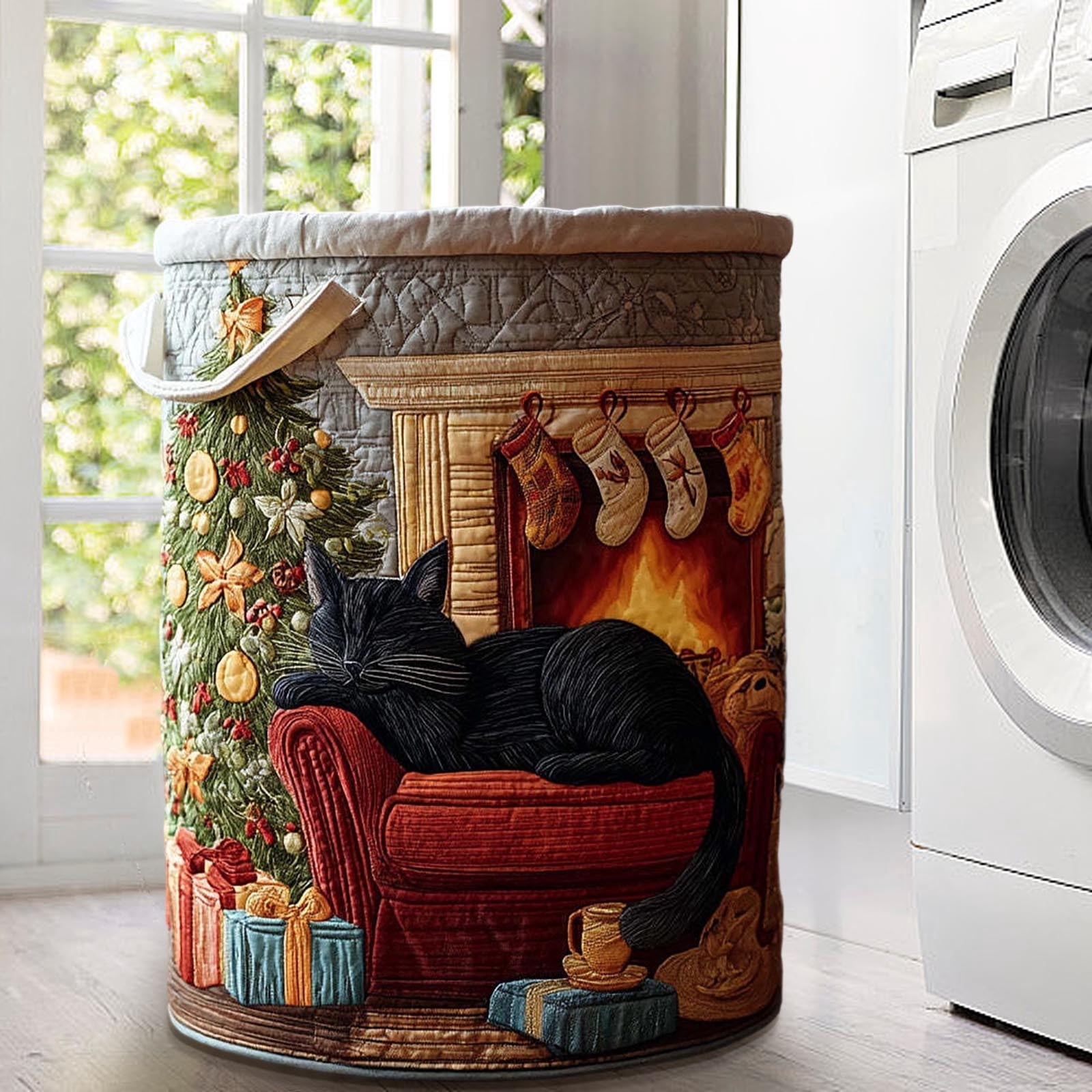 Laundry Organizer Bin, Quilted Embroidered Storage Basket, Foldable Fabric Hamper, Dirty Clothes Holder for Bedroom Bathroom Closet