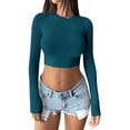 thumbnail image 2 of Women'S Long Sleeve Crop Tops 2025 - Basic Crew Neck Slim Fitted Fall Cropped Shirts Navy Blue S, 2 of 8