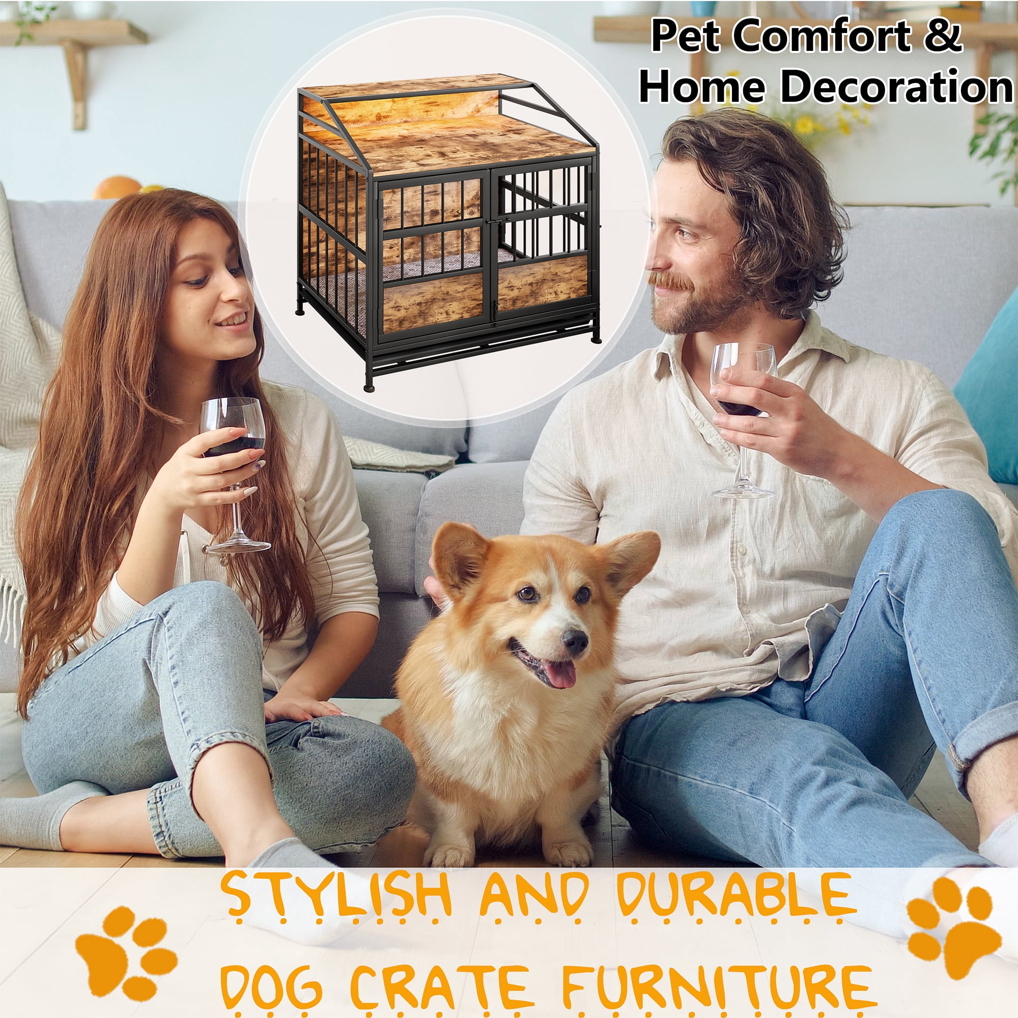 Multi-function Dog Crates with Storage, Furniture Large Wooden Dog Kennel with Double Doors, for Large/Medium Dog Indoor