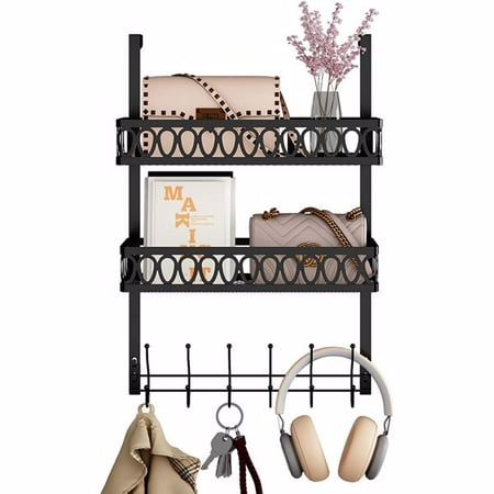 

Dsseng Door Rear Hook Hanger Coat Hooks Towel Rack with 2 Mesh Basket 6 Hooks Hanging Storage Spice Rack Rustproof for Bathroom Bedroom Kitchen Back of Door Storage Shelves