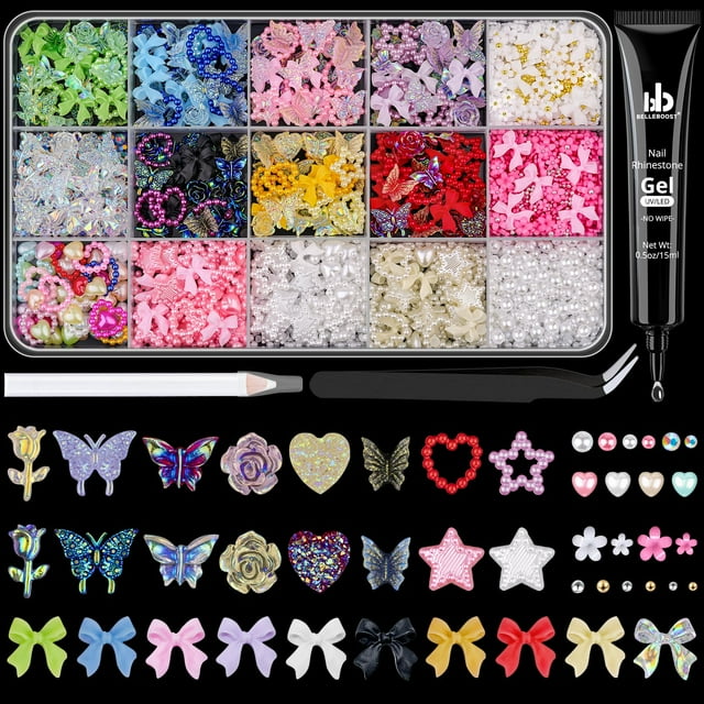 Juego de 1 dijes 3D para uñas coquetas con pegamento de diamantes de imitación, lazos de colores + joyas surtidas de corazón, estrella, rosa y mariposa + flores y perlas 3D, con herramientas para deco