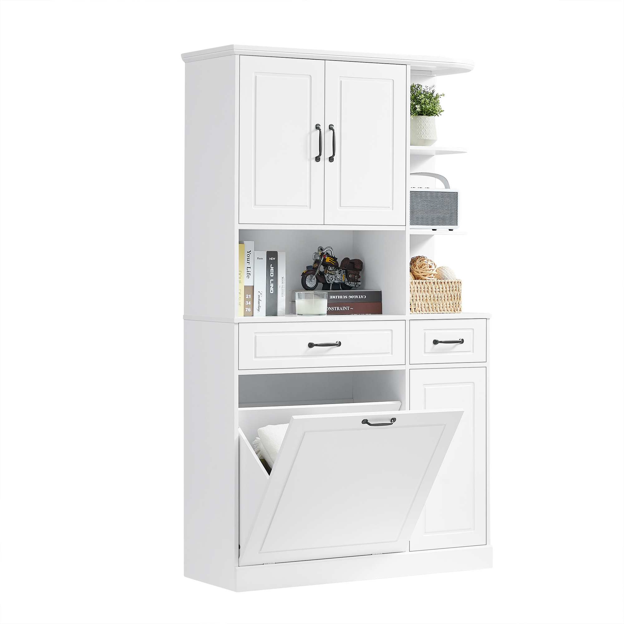 Euroco Tall Freestanding Storage Cabinet with Drawers and Doors, Adjustable Shelves, Flip Drawer Design, Modern Organizer Cabinet for Bathroom, Living Room, or Office, White MDF Cabinet