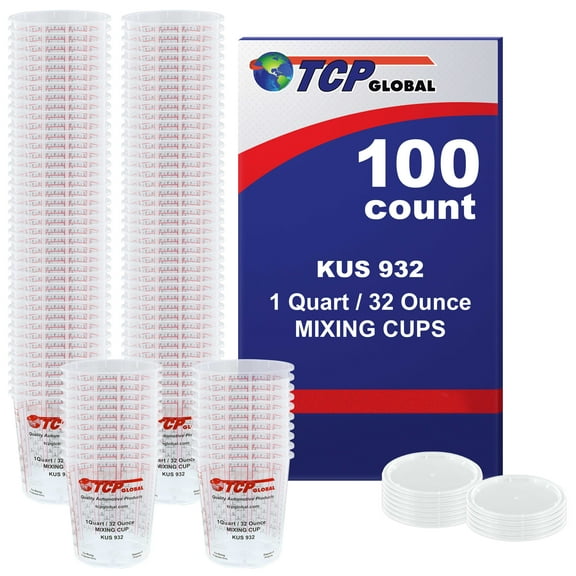 Custom Shop Paint Mixing Cups Plastic Measuring Cup Epoxy Resin, Disposable or Reusable, 32-Ounce (Quart) - Box of 100 - Graduated, Mixing Ratios, Automotive Painting Acrylic Art Crafts