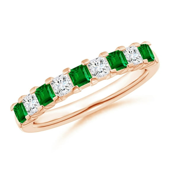 ANGARA Natural Square Emerald and Princess Diamond Semi Eternity Wedding Ring in 14K Rose Gold for Women (Size-2.6mm) | May Birthstone, Anniversary, Jewelry Gift for Women | Natural Emerald Ring