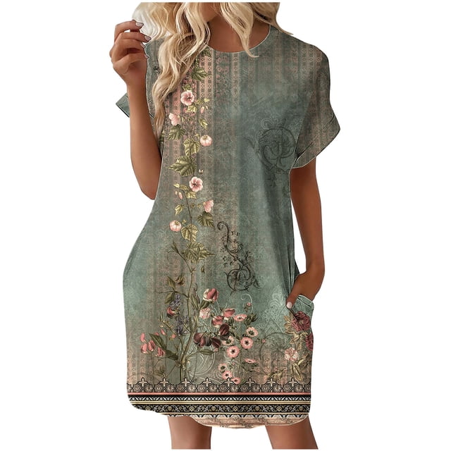 DPTALR Robe à Manches Courtes et Col Rond Imprimé Floral pour Femmes, Simple et Confortable, avec Poche