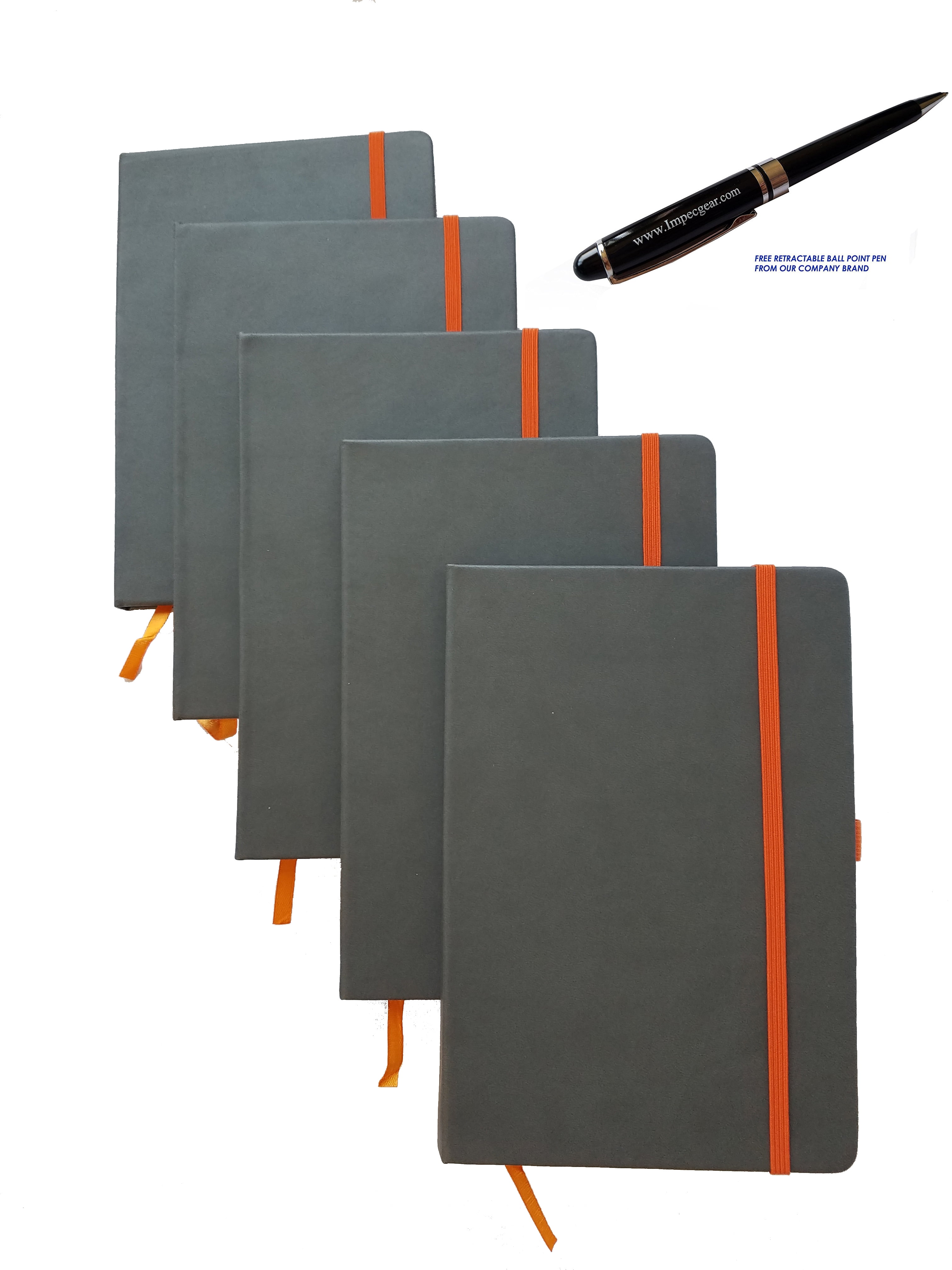 ImpecGear Classic Notebook/ Writing Journal 5.5 x 8.25 Gray Orange FREE PEN (PACK OF 5, Gray/Orange)