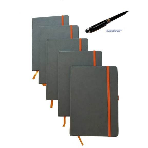 ImpecGear Classic Notebook/ Writing Journal 5.5 x 8.25 Gray Orange FREE PEN (PACK OF 5, Gray/Orange)