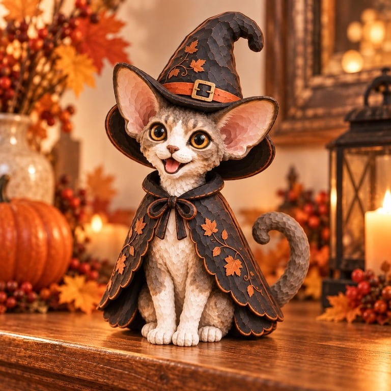 Wooden Block Halloween Devon Rex Witch Feline Tabletop Display for Cat ...