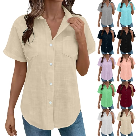 Women's V Neck Short Sleeve Button Down Shirt Tops Blouses Tunic Solid Color Soft Casual Daily Wear Business Office Vacation Fashion Essential Gift for Ladies | Sopatenor,Beige XL