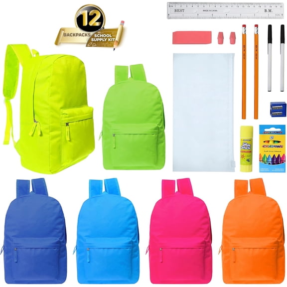 Moda West 17 Inch Bulk Backpacks with School Supplies Kits - Pens, Pencils, Crayons - Case of 12 Wholesale Backpacks Assorted Colors