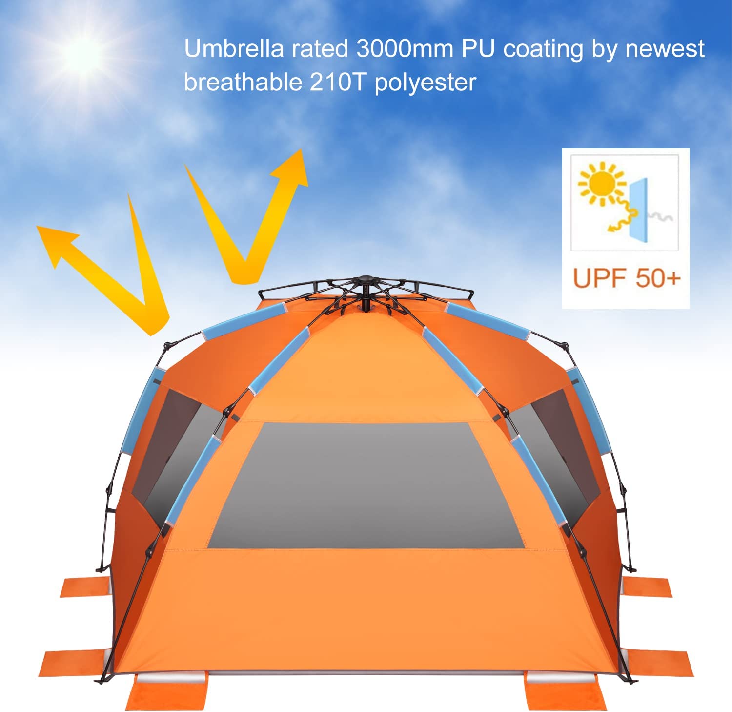 Oileus XX-Large Beach Tent Sun Shelter for 5-6 Person- Portable Sun Shade Instant Pop Up Tent for Beach with Carrying Bag, Stakes, 6 Sand Pockets, Anti UV for Fishing Hiking Camping, Waterproof - image 4 of 7