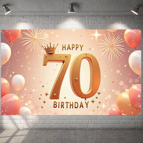 Golden Theme 70th Birthday Banner Royal Crown Display Pink Balloons Golden Fireworks 70th Anniversary Backdrop for 70th Birthday Party Senior Anniversary Family Celebration