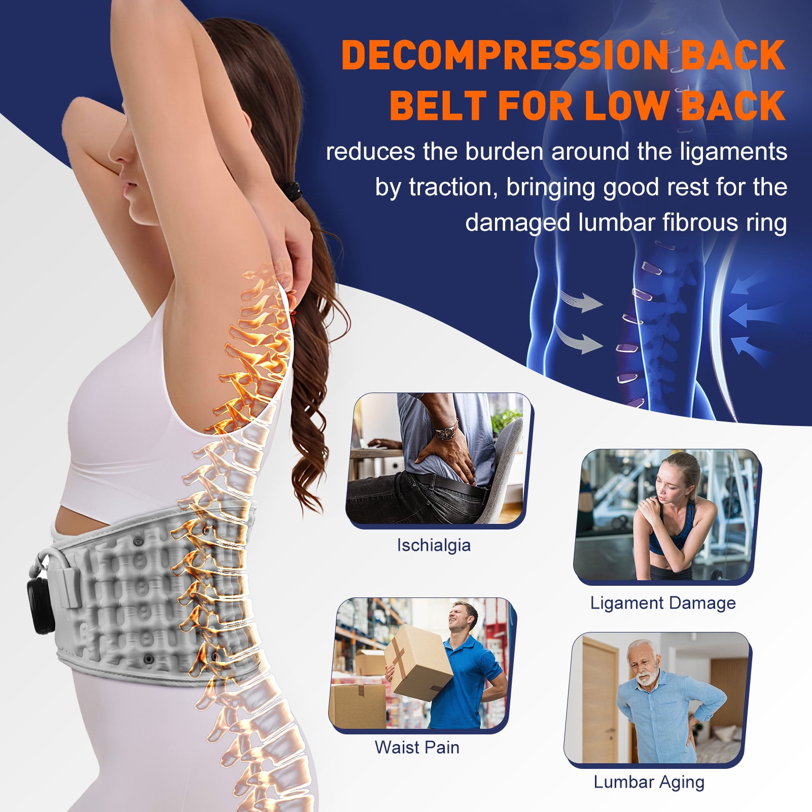 Cordless Heated Back Belt Brace for Relax, Heated Pad, Decompression Back Belt, Lumbar Support Belt with Heat & Vibration,Heated Waist Belt Massaager for Women & Men